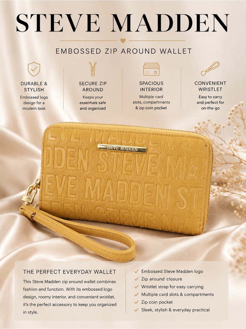 Steve Madden Embossed Zip Around Wristlet Wallet Tan / Mustard - EUC✨✨